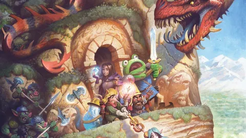 A colorful and whimsical illustration features a group of adventurers in a fantastical landscape, prominently displayed on the cover of the "Land of Eem Core Rulebook." In the foreground, a frog-like character holds a glowing orb, while a diverse group of heroes, including a warrior with a sword and a bard with a lute, gather near a cave entrance adorned with intricate carvings. In the background, a large dragon perches on a rocky outcrop, overlooking a vibrant valley filled with mountains and lush greenery.