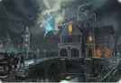 Dark stormy sky with lightning over a stone building, two figures with weapons on a stone path.