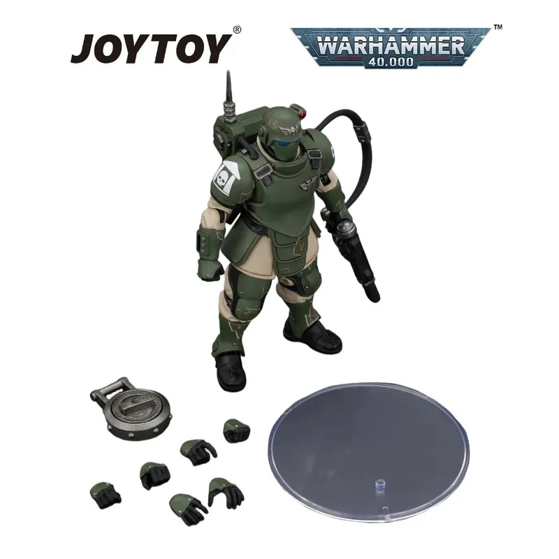 Green armored figure with helmet, hose, gun, and accessories; "JOYTOY" and "WARHAMMER 40,000" text.