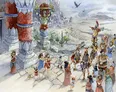 Ancient temple with two ornate columns, one labeled "SINOX" and "SINOX MOR". A group of eight people, including children, stand near the columns. Two figures in armor and helmets hold spears, one with a shield. A tall, decorated pillar with a carved figure stands behind them.