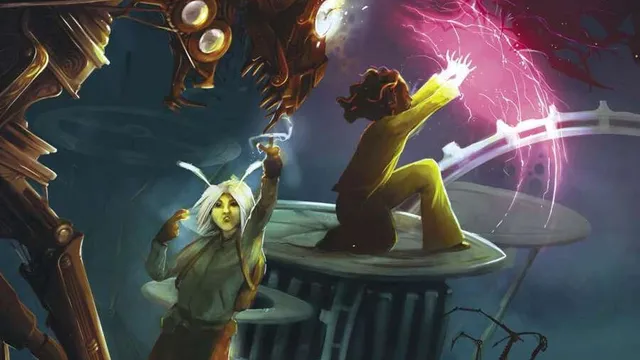 Two figures stand on a floating, circular platform suspended in a dark, cloudy sky with faint stars. The platform has ornate, metallic edges resembling gears and machinery.

On the left, a person with pale skin and white hair tied in a loose ponytail wears a green outfit with brown boots and gloves. They hold a glowing yellow orb in their right hand, raised upward, while their left hand rests on their hip.

On the right, a person with dark hair tied in a bun wears a sleeveless top and high-waisted pants. They crouch on one knee, extending their right hand forward, which emits a bright yellow energy beam that intersects with a glowing pink and purple energy vortex in the air between them.

In the background, a large mechanical structure with golden, curved pipes and glowing yellow orbs extends from the left side of the image. The text "MYSTIC MARGINALIA" is displayed in large, distressed white letters at the top right.