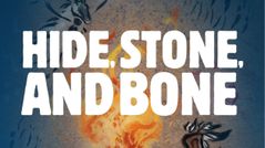 The image features the title "STONE, BONE" prominently displayed in bold, white letters against a textured background that resembles stone. Below the text, there are warm colors suggesting fire, possibly representing a campfire, along with abstract markings that evoke a prehistoric theme. The overall color palette transitions from warm tones at the bottom to cooler shades at the top, enhancing the Ice Age atmosphere.