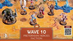 A vibrant tabletop scene features several detailed miniatures from the Preternian Heroes Faction of Masters of the Universe: Battleground. The characters, including a winged figure, a muscular warrior, and a bionic triceratops, are positioned on a hexagonal grid terrain, with a backdrop of stone ruins and crystalline structures. The bottom of the image displays a label reading "WAVE 10 PRETERNIAN HEROES FACTION" along with a QR code for an online manual.