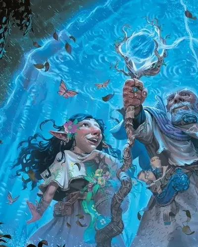A young female character with pointed ears, dark hair, and a floral headpiece stands to the left, wearing a light-colored outfit with a belt and pouches. To the right, an older male character with a long white beard, blue skin, and a white and blue robe holds a glowing staff with a circular, branch-like design at the top in one hand and an open book in the other. Both characters are surrounded by floating leaves, butterflies, and swirling magical energy against a vibrant blue background with visible brushstroke textures.