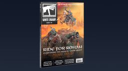 The cover of White Dwarf issue 510 features two mounted warriors from the Lord of the Rings universe, prominently showcasing a Rohirrim rider in vibrant armor and a flowing cape, alongside another figure in a more regal pose. The title "RIDE FOR ROHAN" is boldly displayed at the top, with additional text indicating the issue's focus on the Middle-earth Strategy Battle Game. The background depicts a dramatic landscape, enhancing the epic theme of the magazine. The overall color scheme combines earthy tones with striking highlights, creating an engaging visual for fans of the tabletop gaming hobby.