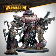 Exulon Nostilla, a Cephalyx psychic, stands on the left, adorned in dark robes with intricate mechanical details and glowing pink accents. Beside her is Aberration, a large, muscular monstrosity equipped with various mechanical enhancements and weapons, showcasing a mix of flesh and metal. Both figures are set against a neutral background, with the "WARMACHINE" logo prominently displayed at the top.