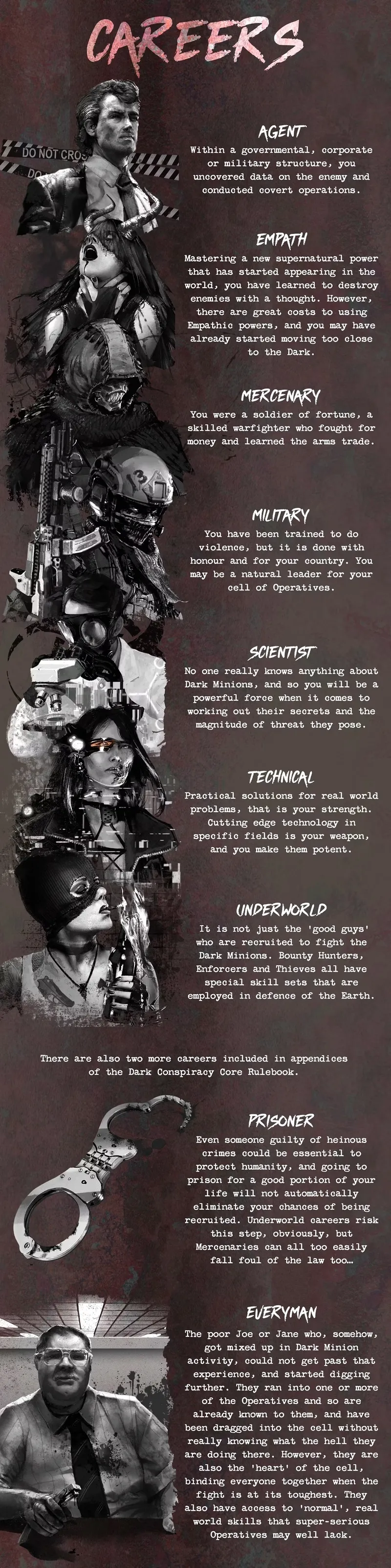 Three characters in futuristic gear: a scientist with a microscope, a technical expert with goggles, and a masked underworld figure.
