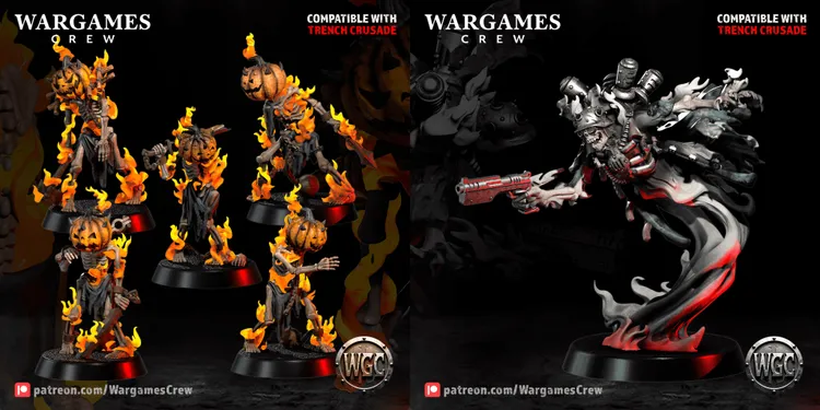 A collection of miniatures features undead figures with pumpkin heads and fiery effects, showcasing a Halloween theme. The models are depicted in various poses, with flames accentuating their skeletal forms and tattered clothing. The background includes a stylized logo for Wargames Crew, emphasizing compatibility with the 