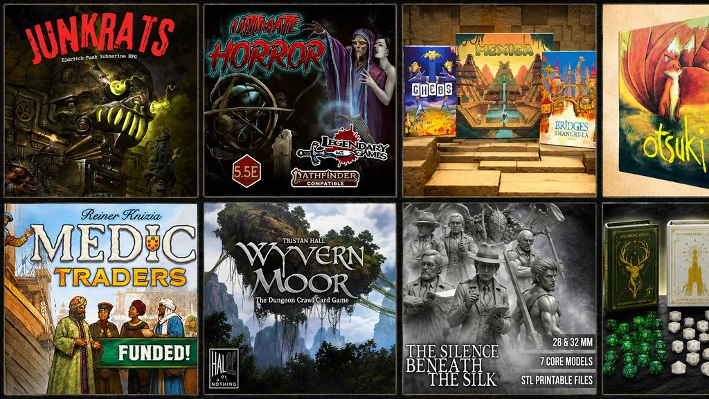 Four tabletop game box covers: Ultimate Horror, Mexico, Wyvern Moor, The Silence Beneath the Silk.