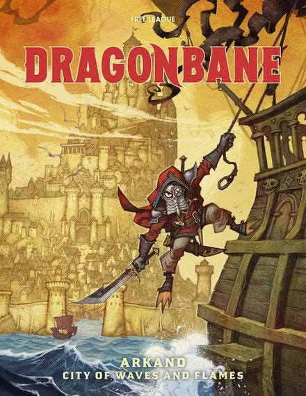 Armored figure leaping from a ship, city and text "ARKAND CITY OF WAVES AND FLAMES" below.
