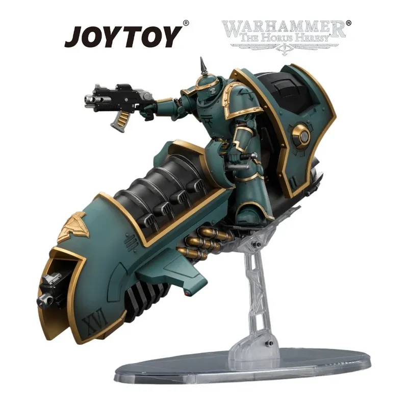 Green armored figure on a jetbike, holding a gun. JOYTOY and Warhammer logos above.