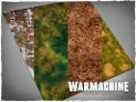 Three distinct game mats for Warmachine are displayed side by side. The left mat features a weathered stone surface with red markings, the center mat showcases a vibrant green and brown marshland, and the right mat presents a textured brown terrain with visible tracks and patches of grass. The bottom of the image includes the text "WARMACHINE OFFICIALLY LICENSED."