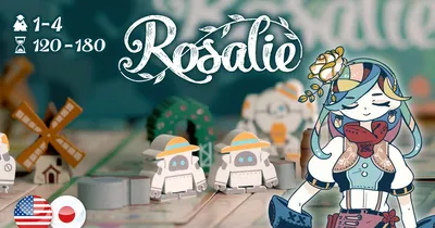 "Rosalie" with two small robots wearing hats on a game board, illustrated character with flowers.