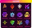 A grid of colorful faction logos from the Neon Odyssey campaign, each representing a different group within the game. The logos are arranged in three rows, featuring designs such as a stylized anchor for the Argonauts, a red emblem for the Bloodfleet, and a geometric symbol for the Grimnir Company. The background is dark, enhancing the vibrant colors of the logos, which include shades of blue, green, purple, and orange, with the word "FACTIONS" prominently displayed at the top.