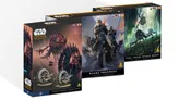 Three boxes of miniatures for Star Wars: Legion are displayed. On the left, the "TEMU-6 Personal Wheel Bikes" box features a dynamic illustration of the bikes, showcasing their all-terrain capabilities. The center box, labeled "Range Troopers," depicts elite stormtroopers in snowy environments, ready for action. The right box, titled "DSD1 Dwarf Spider Droid," illustrates the agile battle droid with its distinctive four-legged design, set against a green backdrop. Each box includes multi-lingual text and updated packaging.