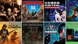 Top left: STARBREAKER, YEAR ZERO ENGINE, street scene with armed figures.
Top right: THE GHOST IN THE SHELL, woman with blue hair and cybernetic body.
Bottom left: Folk Horror Tales, miniatures of robed figures.
Bottom right: STEEL