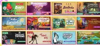 A grid of 9 colorful board game boxes with titles like Bariloche, Kong Kang, and Frogs on the Hunt.
