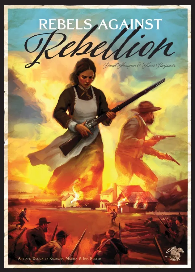 Woman in apron holding rifle, man with pistol, burning buildings, title "Rebellion"