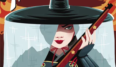 Woman in samurai armor and large hat holding a rifle, text "Thousand Arrows" above.