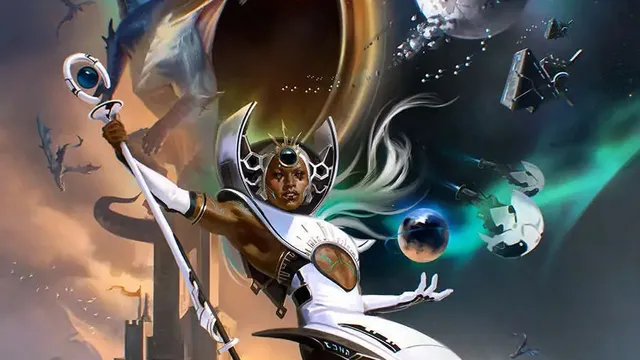 A futuristic warrior in white armor fights a dragon in space, with planets and debris around.