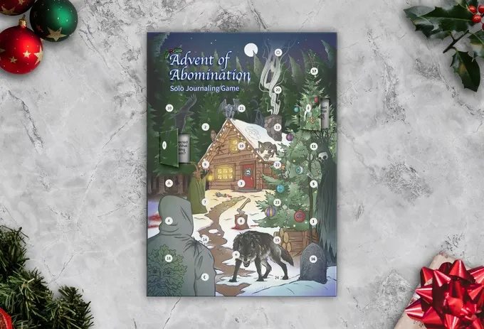 Advent of Abomination Solo Journaling Game calendar with a cabin, wolf, and numbered doors.