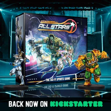 A vibrant display features the box art for "DreadBall: All Stars," showcasing dynamic illustrations of various futuristic characters engaged in a competitive sports setting. In the foreground, two miniatures are prominently displayed: one is a sleek, armored figure, and the other is a muscular, green-skinned character in heavy armor. The text "BACK NOW ON KICKSTARTER" is boldly presented at the bottom, emphasizing the crowdfunding campaign.