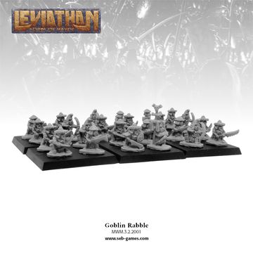 The image features a group of miniature goblins, known as Goblin Rabble, arranged on black bases. These figures are depicted in a variety of poses, showcasing their crude weapons and armor, with some holding spears, swords, and shields. The miniatures are unpainted and made of a light-colored material, emphasizing their detailed sculpting, while a blurred background suggests a chaotic battlefield setting. The logo for "Leviathan: Lords of Havoc" is displayed at the top, indicating the context of the release.