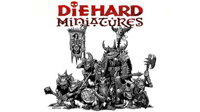 A group of orc and goblin miniatures stands prominently, showcasing a variety of characters in a detailed black and white illustration. The orcs are equipped with various weapons and armor, including a banner held by one figure, while goblins flank them, some wielding shields and spears. The title "DIE HARD Miniatures" is displayed at the top in bold, stylized lettering, adding to the overall fantasy theme of the image.