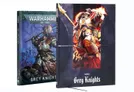 Two codex books are displayed side by side. On the left, the "Codex Grey Knights" features a blue cover with an illustration of a Grey Knight in armor wielding a sword, set against a backdrop of a battle scene. On the right, the "Codex Grey Knights" has a darker cover showcasing a powerful Grey Knight in a striking pose, holding a weapon, with vibrant colors highlighting the artwork. Both books are designed for the Warhammer 40,000 tabletop game, with the titles prominently displayed.