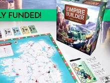 Board game box titled "Empire Builder: Ireland" featuring a green steam locomotive on a scenic landscape with mountains and a castle. Opened box reveals a map of Ireland with red and blue markers, small green cards, and a rulebook with icons.