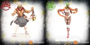 A female miniature character stands confidently, adorned with vibrant green hair and a striking outfit that includes a white top and shorts. She holds a colorful snake draped around her shoulders, adding a dynamic element to her pose. The figure is displayed on a clear base, with a backdrop featuring subtle star patterns, enhancing the overall visual appeal.