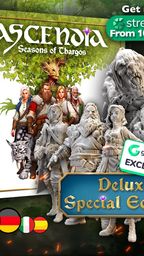 A board game box titled "Ascendia: Seasons of Thargos" is prominently displayed, featuring lush artwork and a vibrant green background with a large tree. Surrounding the box are several detailed miniatures representing characters and creatures from the game, including a wolf and a large, menacing figure. A banner at the bottom indicates "Deluxe Special Edition" and highlights the campaign's exclusivity on Gamefound, with flags representing different languages below.