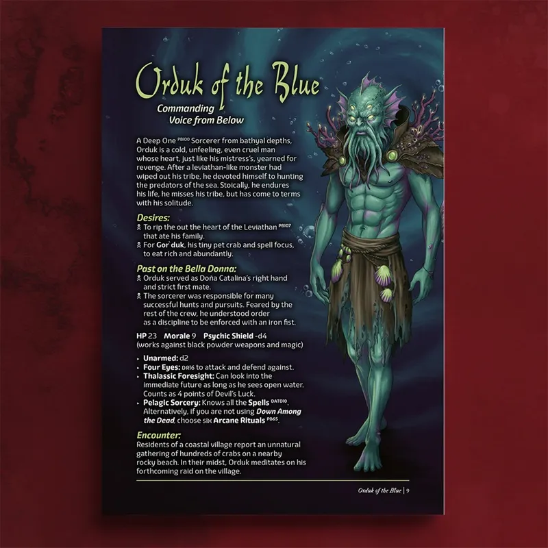 Green-skinned humanoid with tentacles, coral armor, and text "Orduk of the Blue" and "Commanding Voice from Below".