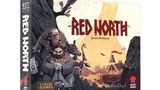 A game box for "Red North" features a stylized illustration of three warriors, including a large bearded figure and a smaller character, set against a backdrop of a Norse-inspired landscape with a tent and a large tree. The title "RED NORTH" is prominently displayed in bold red letters, with the designer's name, James Dickinson, below it. The box also includes the logos for Mighty Boards and La Mame Games.