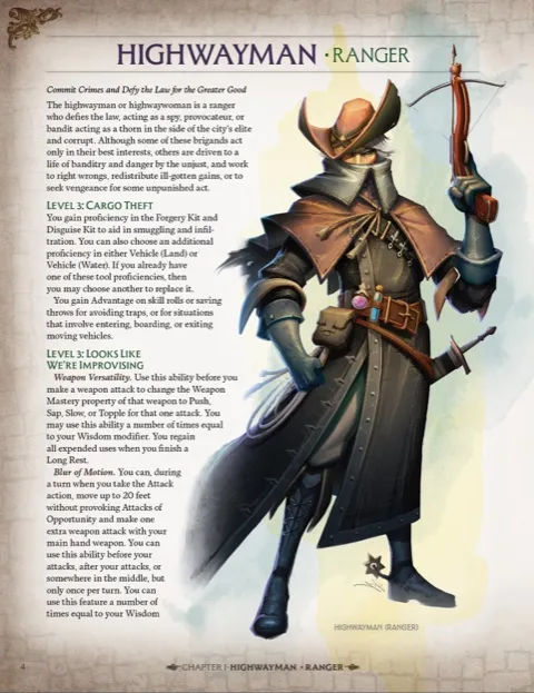 A rogue in a wide-brimmed hat, long coat, and armor holds a grappling hook and sword.