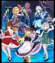 Five anime-style characters standing in a group: Flandre in a blue dress holding a book, Reimu in a red maid outfit with a staff, Sakuya in a light blue dress with a clock, Youmu in a green dress with a sword, and a central figure in a black maid outfit with a purple parasol.