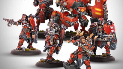 A Khador warband from Warmachine features five miniatures prominently displayed. The unit includes the Warcaster Kapitan Zahara Vilkul, a large character warjack named Razor, and three character solos, including Sergeant Goran Lazarenko and the Hounds. The miniatures are painted in a striking red and black color scheme, showcasing intricate details and weaponry, with Razor towering over the others, emphasizing the unit's vanguard role.