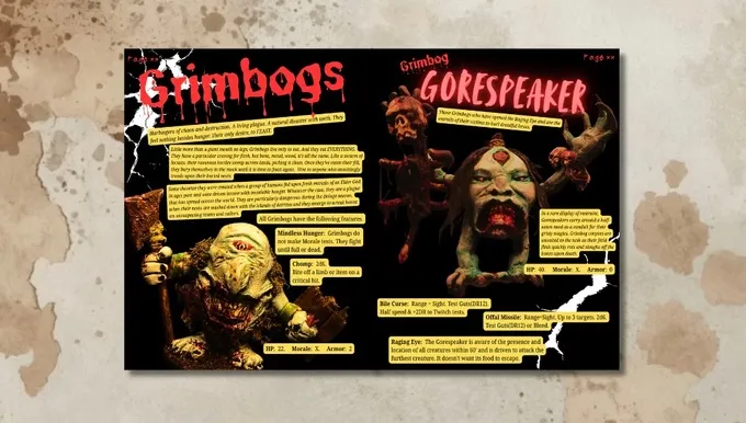 Two monster illustrations with text "Grimbogs" and "Gorespeaker" on a dark background.