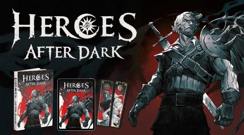 A bearded man with long white hair, wearing dark armor and a black glove, holds a sword over his shoulder. The background is dark with a red gradient. The text "HEROES AFTER DARK" is prominently displayed in large white letters with a stylized sun symbol replacing the "O" in "HEROES". Below, there are three smaller images: one showing a character in dark armor on a red background with the text "Heroes After Dark", and two vertical images depicting characters in dark and light tones.