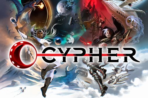 A dynamic and colorful illustration showcases various characters and scenes from the Cypher RPG universe, blending elements of fantasy, sci-fi, and adventure. Prominent figures include a warrior with a sword, a character with flowing hair and intricate armor, and a dragon-like creature, all set against a backdrop of swirling colors and celestial bodies. The word "CYPHER" is boldly displayed across the center, highlighted by a striking red line.