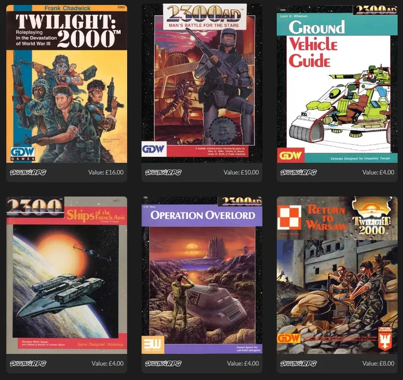 Six RPG book covers: Twilight 2000, 2300AD, Ground Vehicle Guide, Ships of the French Arm, Operation Overlord, Return to Warsaw
