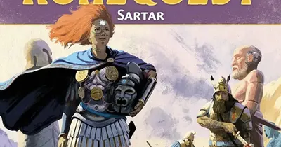 Cover art for Lands of RuneQuest: Sartar. Central figure with red hair, armor, and a blue cloak stands holding a shield with a rune design. Behind, an elderly man in robes and a warrior with spear. Title reads "LANDS OF RUNEQUEST Sartar" with ancient symbols above.