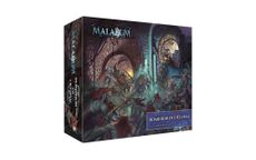 A box for the "Maladum" tabletop game expansion titled "Dominion of Urghal" features a dynamic illustration of a chaotic battle scene set in a dark, stone-walled environment. Various creatures, including menacing Urmeck, are depicted engaging in combat, with a central figure wielding a weapon amidst the fray. The title and subtitle are prominently displayed on the front, emphasizing the expansion's focus on the new Urmeck faction.