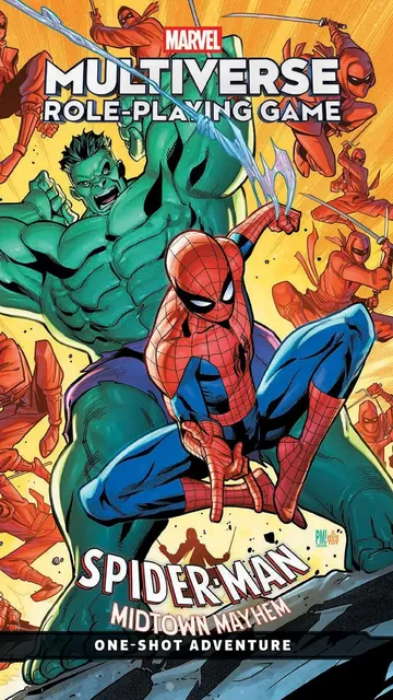 Spider-Man crouching, Hulk and ninjas fighting, text "SPIDER-MAN MIDTOWN MAYHEM ONE-SHOT ADVENTURE"