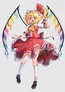 A character with blonde hair in a bow, wearing a red dress with white lace trim, white gloves, and a yellow sash. Holding a yellow and red fan with a red bow, standing on a circular black platform with colorful triangular flags in the background.