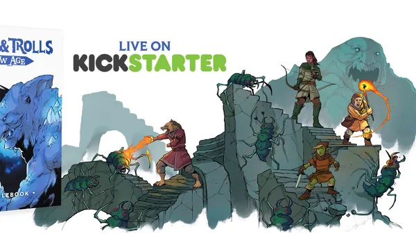 A colorful illustration features a fantasy scene with three characters engaged in a battle against large, menacing spiders. On the left, a humanoid figure with a wolf-like head casts a spell, emitting flames towards a spider. In the center, a character in green attire stands ready with a bow, while on the right, another character, dressed in armor, prepares for combat. The background consists of rocky terrain, enhancing the adventurous atmosphere, with the text "LIVE ON KICKSTARTER" prominently displayed above.