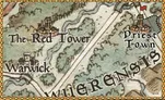 Vintage map with "Tower," "Priest Town," and "Herensis" text, red flag on a castle.