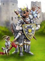 A whimsical illustration features a large, anthropomorphic creature resembling a knight, complete with armor and a crown, holding a shield adorned with a castle emblem. Perched on its shoulder is a smaller creature dressed in blue, while a tiny dragon-like figure stands beside them, also in armor. The background showcases a blurred castle and green grass, creating a playful and fantastical atmosphere.
