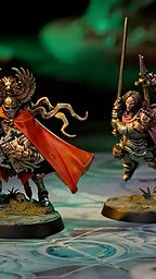 A trio of miniatures from the board game Warhammer Quest: Darkwater is displayed on a detailed game board. On the left, a character in a flowing red cloak wields a staff, while in the center, a heavily armored warrior brandishes a sword and shield, showcasing intricate details on their armor. To the right, a duardin ranger holds an axe and has a backpack filled with adventuring gear, all set against a richly colored background that enhances the fantasy theme.