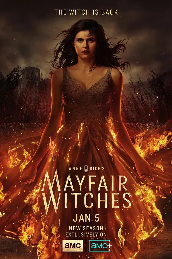 Woman in fiery dress, text "Anne Rice's Mayfair Witches"